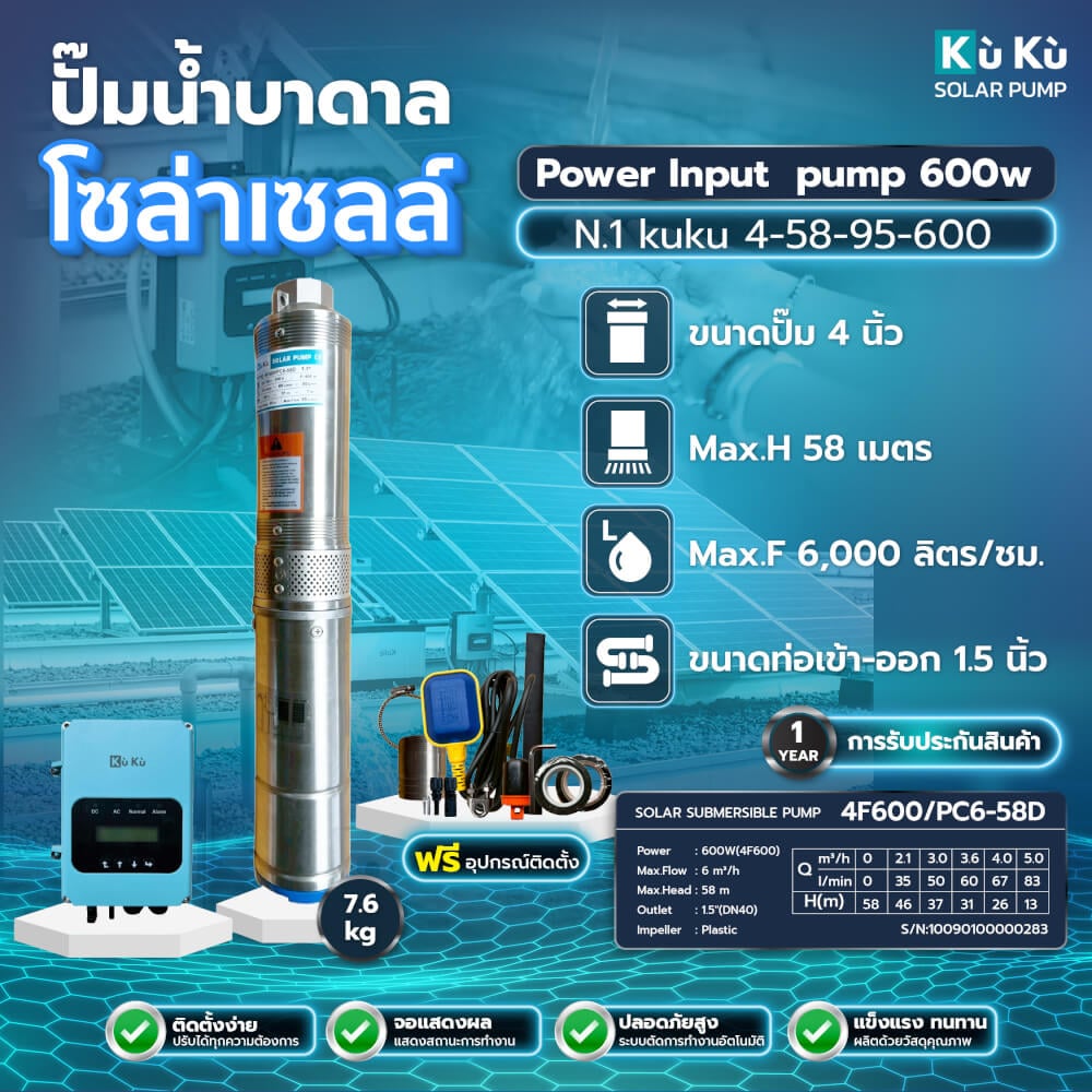 ปั๊มบาดาลโซล่าเซลล์ KUKU N.1 58-95-600 4 นิ้ว (ไม่รวมแผงโซล่าเซลล์)_1